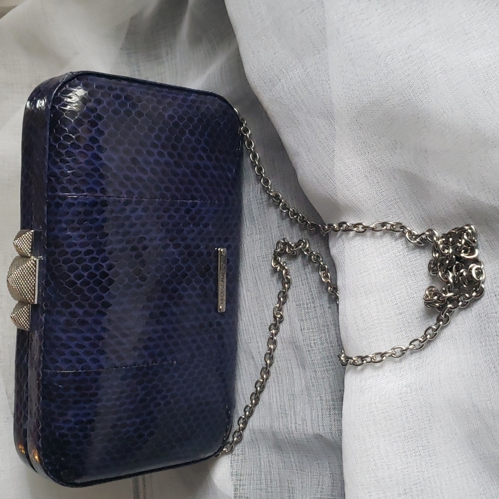 Rebecca Minkoff snake print clutch, blue clutch, blue snake print clutch